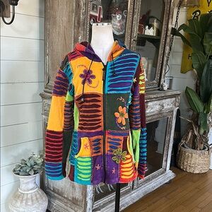 AGAN TRADERS Rib Collection Rainbow Bohemian Handcrafted Hoodie POINTY HOOD L
